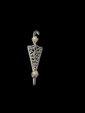 Vintage Silver Tone Filigree Umbrella Brooch Pin with Faux Pearls READ